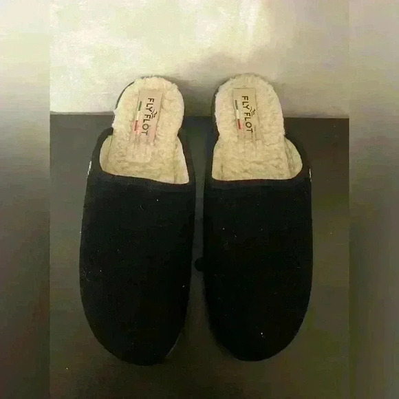 Fly Flot Womens Mule Flat Shoes Black Slip On Sherpa Lined Logo Italy Size 8 - Picture 8 of 8